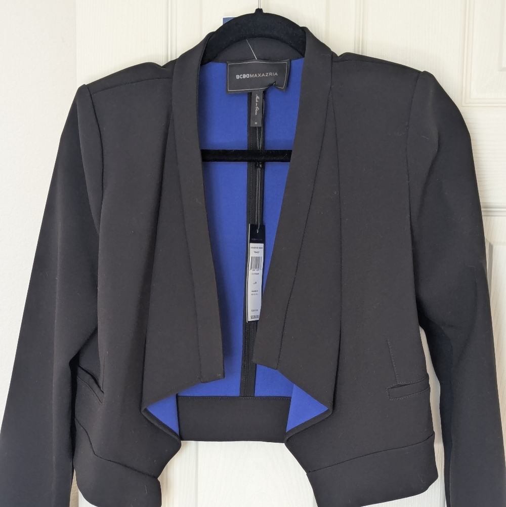 BCBGMAXAZRIA Franco Black Cropped Jacket Cutout Modern Structured Blazer Size M